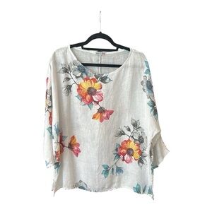 Linen Multicoloured Floral Top 3/4 Dolman Sleeves Made in Italy Size